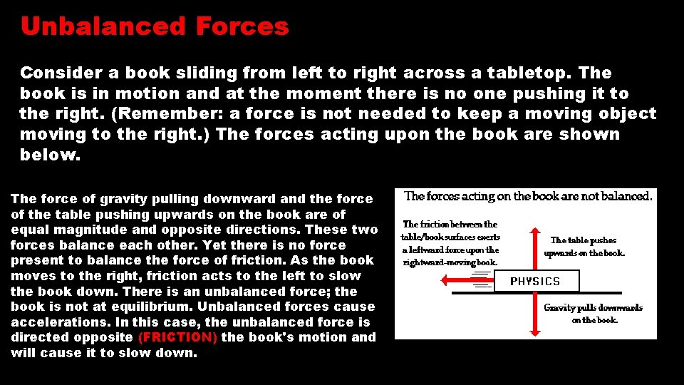 Unbalanced Forces Consider a book sliding from left to right across a tabletop. The