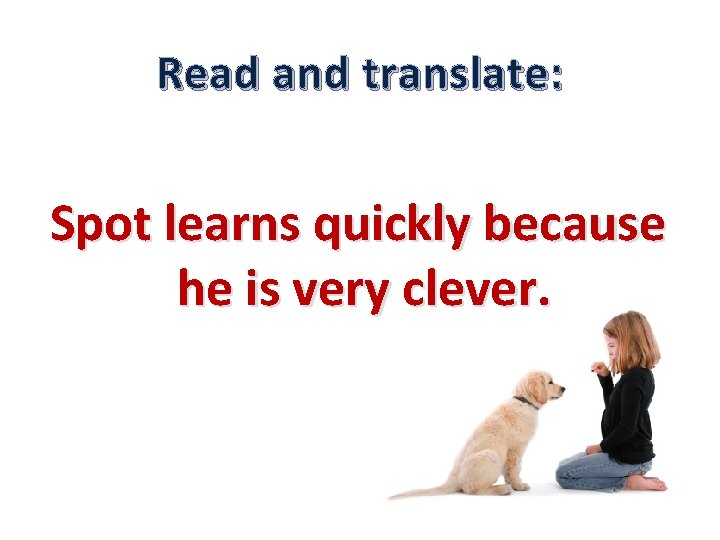 Read and translate: Spot learns quickly because he is very clever. 