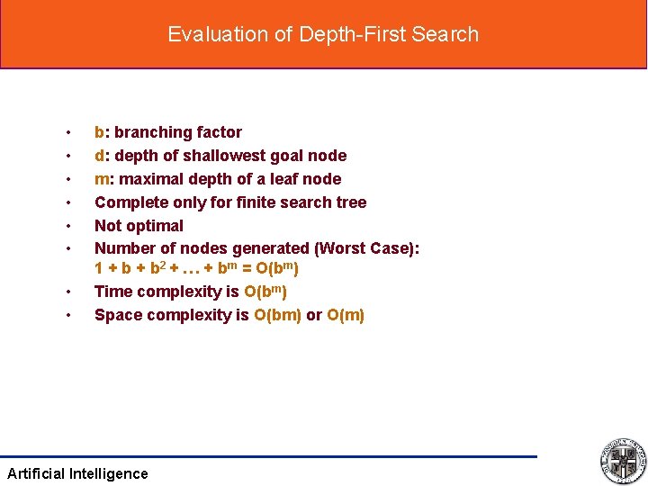 Evaluation of Depth-First Search • • b: branching factor d: depth of shallowest goal