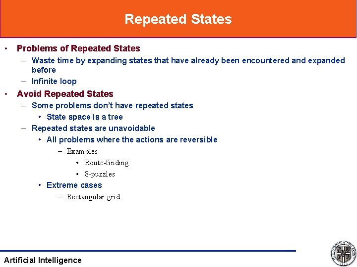 Repeated States • Problems of Repeated States – Waste time by expanding states that