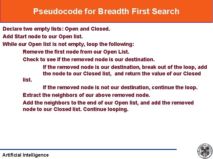 Pseudocode for Breadth First Search Declare two empty lists: Open and Closed. Add Start