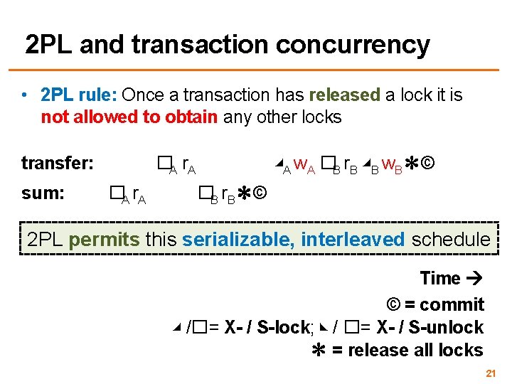 2 PL and transaction concurrency • 2 PL rule: Once a transaction has released