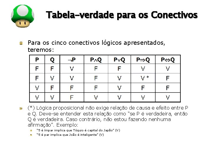 LOGO Tabela-verdade para os Conectivos Para os cinco conectivos lógicos apresentados, teremos: * (*) LOGO Tabela-verdade para os Conectivos Para os cinco conectivos lógicos apresentados, teremos: * (*)