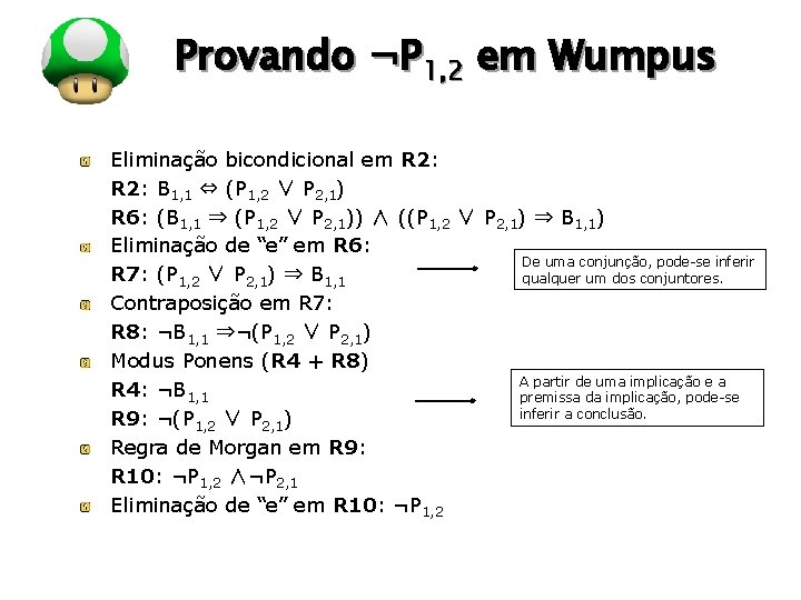 LOGO Provando ¬P 1, 2 em Wumpus Eliminação bicondicional em R 2: B 1, LOGO Provando ¬P 1, 2 em Wumpus Eliminação bicondicional em R 2: B 1,