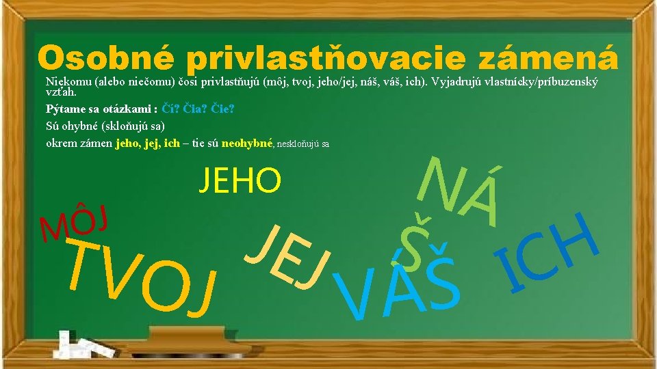 Osobné privlastňovacie zámená Niekomu (alebo niečomu) čosi privlastňujú (môj, tvoj, jeho/jej, náš, váš, ich).