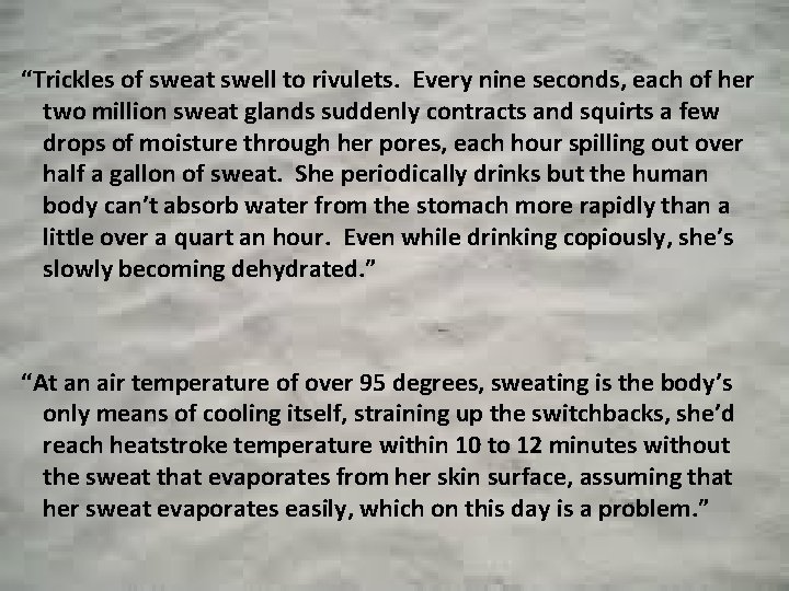 “Trickles of sweat swell to rivulets. Every nine seconds, each of her two million