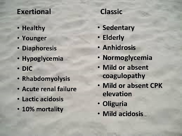 Exertional • • • Healthy Younger Diaphoresis Hypoglycemia DIC Rhabdomyolysis Acute renal failure Lactic