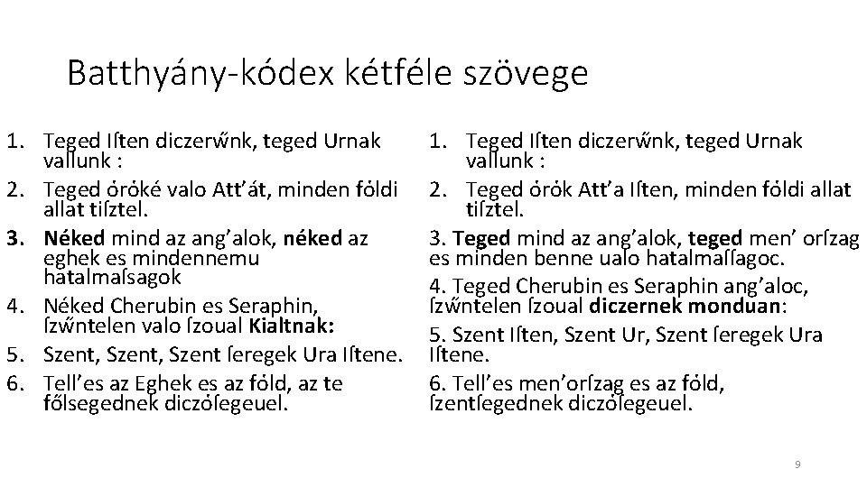 Batthyány-kódex kétféle szövege 1. Teged Iſten diczerw nk, teged Urnak vallunk : 2. Teged Batthyány-kódex kétféle szövege 1. Teged Iſten diczerw nk, teged Urnak vallunk : 2. Teged