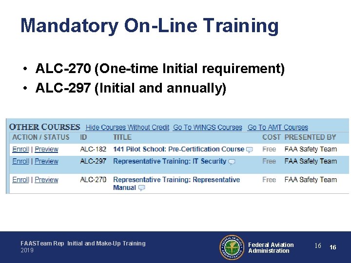 Mandatory On-Line Training • ALC-270 (One-time Initial requirement) • ALC-297 (Initial and annually) FAASTeam