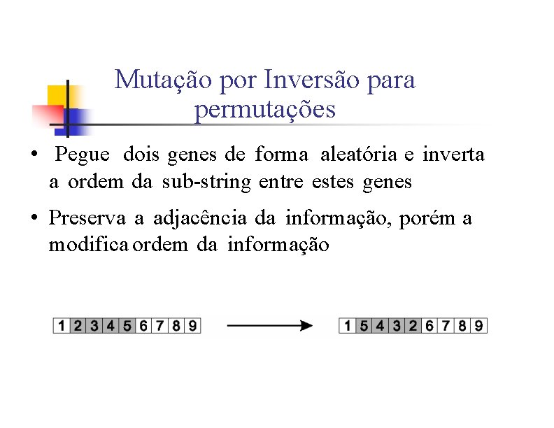 Mutação por Inversão para permutações • Pegue dois genes de forma aleatória e inverta