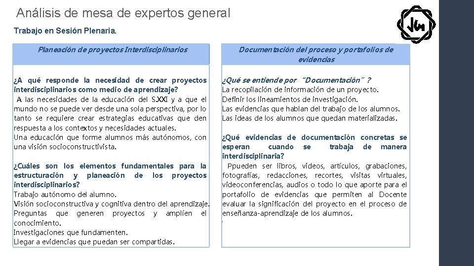 Análisis de mesa de expertos general Trabajo en Sesión Plenaria. Planeación de proyectos Interdisciplinarios