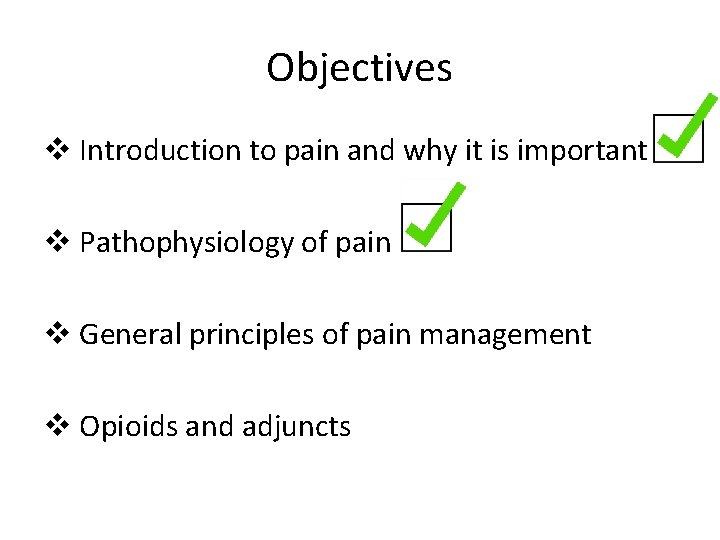 Objectives v Introduction to pain and why it is important v Pathophysiology of pain Objectives v Introduction to pain and why it is important v Pathophysiology of pain