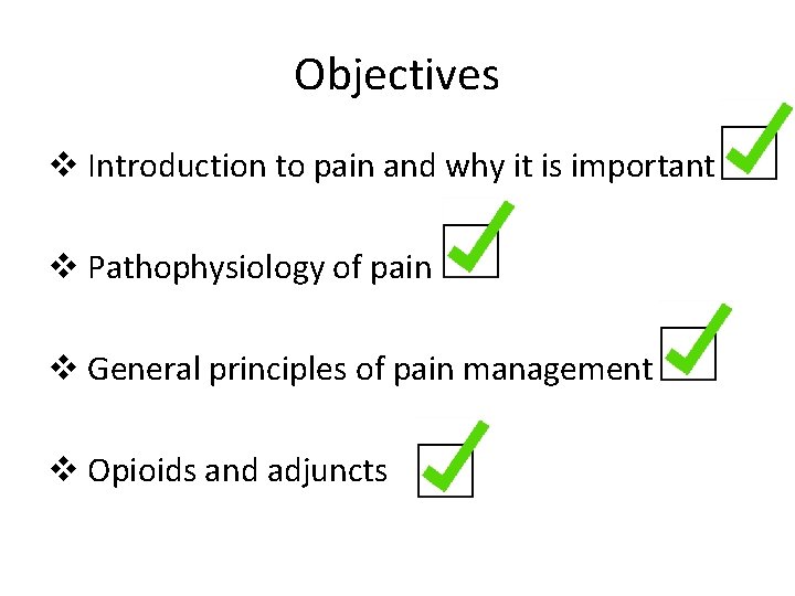 Objectives v Introduction to pain and why it is important v Pathophysiology of pain Objectives v Introduction to pain and why it is important v Pathophysiology of pain