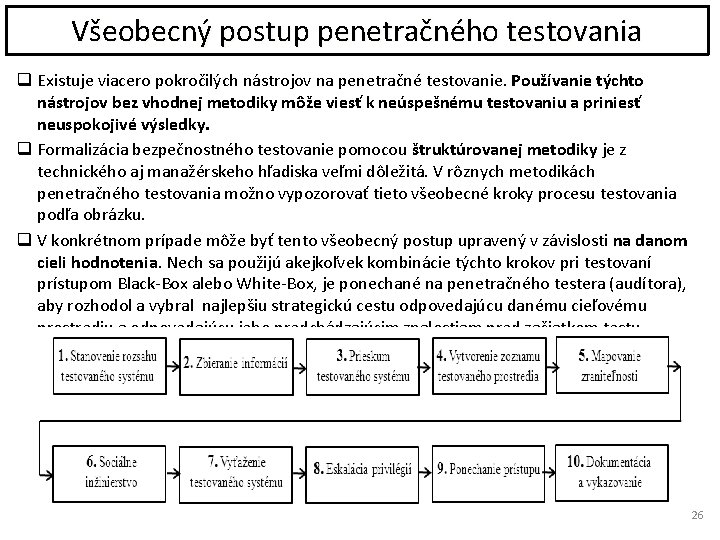 Všeobecný postup penetračného testovania q Existuje viacero pokročilých nástrojov na penetračné testovanie. Používanie týchto