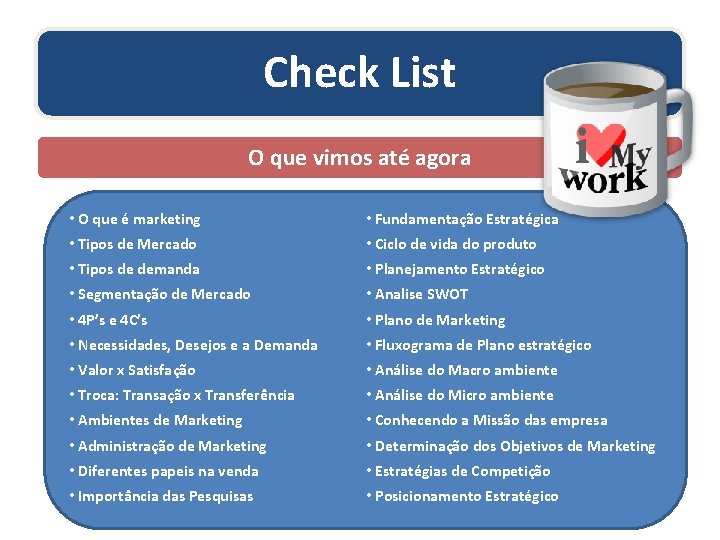 Check List O que vimos até agora • O que é marketing • Fundamentação