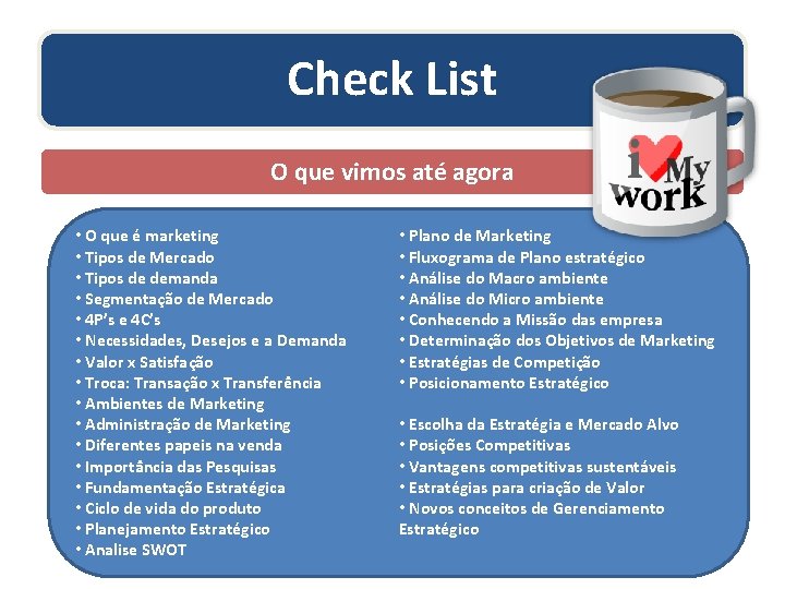 Check List O que vimos até agora • O que é marketing • Tipos