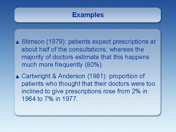 Examples ▲ Stimson (1979): patients expect prescriptions at about half of the consultations, whereas Examples ▲ Stimson (1979): patients expect prescriptions at about half of the consultations, whereas