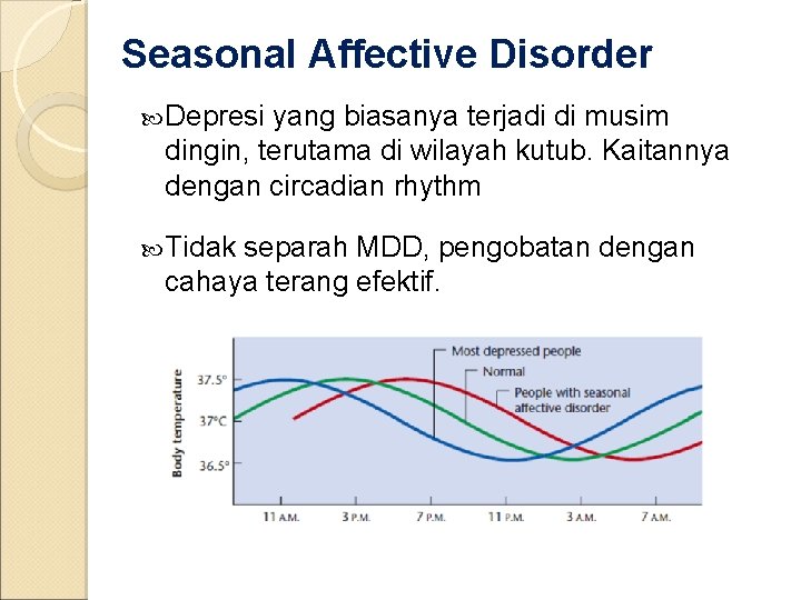 Seasonal Affective Disorder Depresi yang biasanya terjadi di musim dingin, terutama di wilayah kutub.