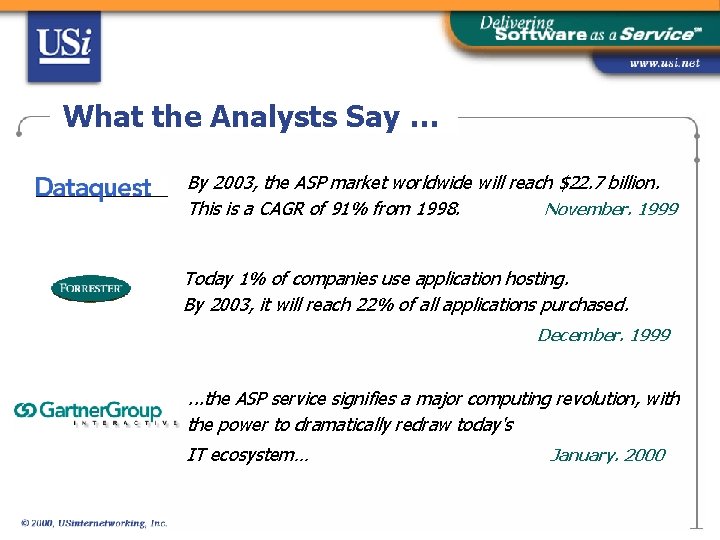 What the Analysts Say … By 2003, the ASP market worldwide will reach $22.