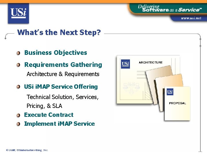 What’s the Next Step? Business Objectives Requirements Gathering Architecture & Requirements USi i. MAP