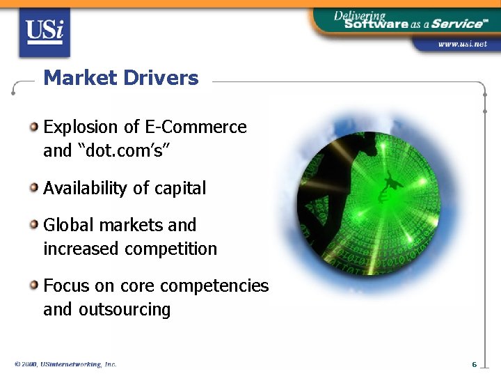 Market Drivers Explosion of E-Commerce and “dot. com’s” Availability of capital Global markets and