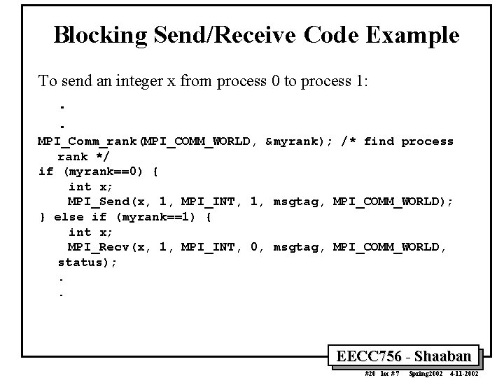 Blocking Send/Receive Code Example To send an integer x from process 0 to process