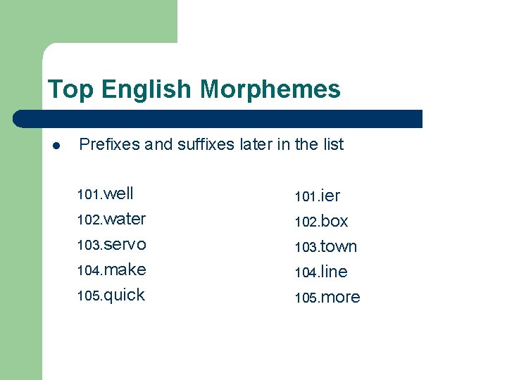 Top English Morphemes l Prefixes and suffixes later in the list 101. well 101. Top English Morphemes l Prefixes and suffixes later in the list 101. well 101.