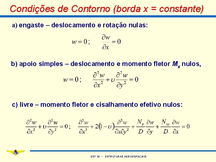 Condições de Contorno (borda x = constante) a) engaste – deslocamento e rotação nulas: