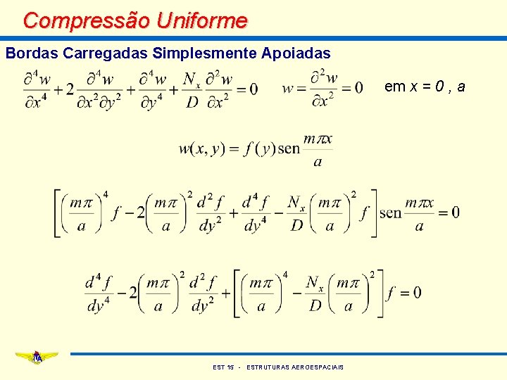 Compressão Uniforme Bordas Carregadas Simplesmente Apoiadas em x = 0 , a EST 15