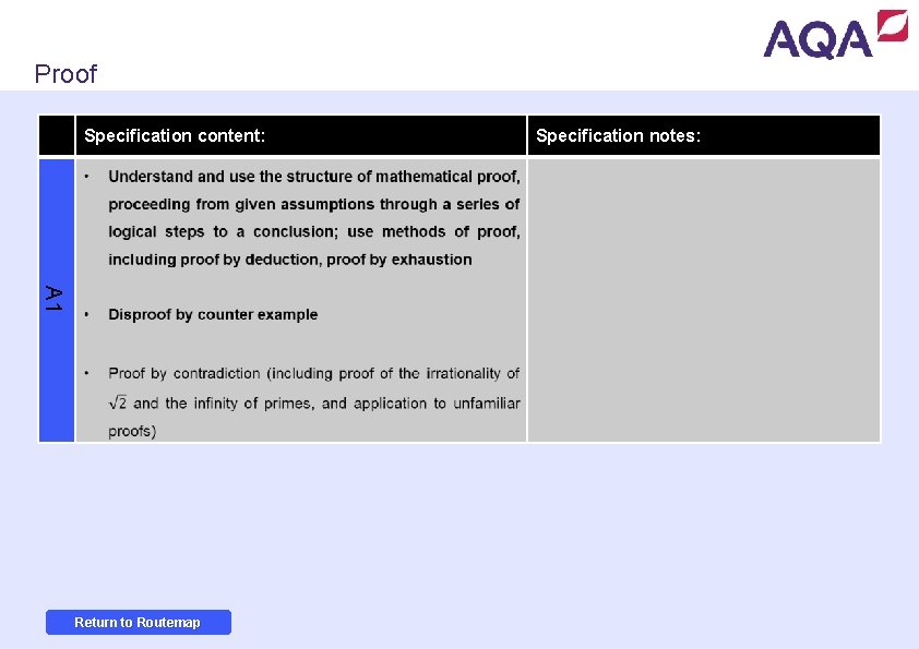 Proof Specification content: A 1 Return to Routemap Specification notes: Proof Specification content: A 1 Return to Routemap Specification notes: