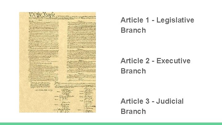 Article 1 - Legislative Branch Article 2 - Executive Branch Article 3 - Judicial