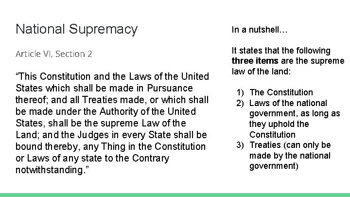 National Supremacy In a nutshell… Article VI, Section 2 It states that the following