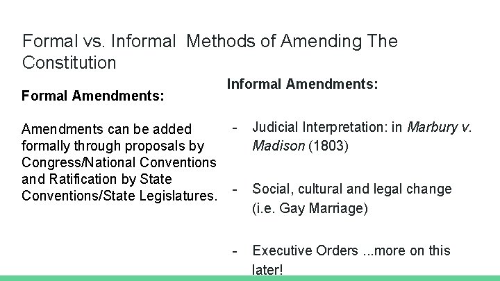 Formal vs. Informal Methods of Amending The Constitution Formal Amendments: Amendments can be added