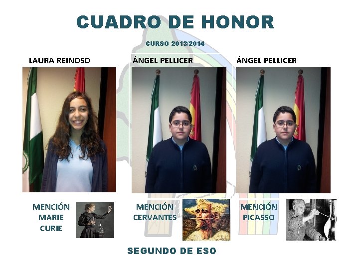 CUADRO DE HONOR CURSO 2013/2014 LAURA REINOSO MENCIÓN MARIE CURIE ÁNGEL PELLICER MENCIÓN CERVANTES