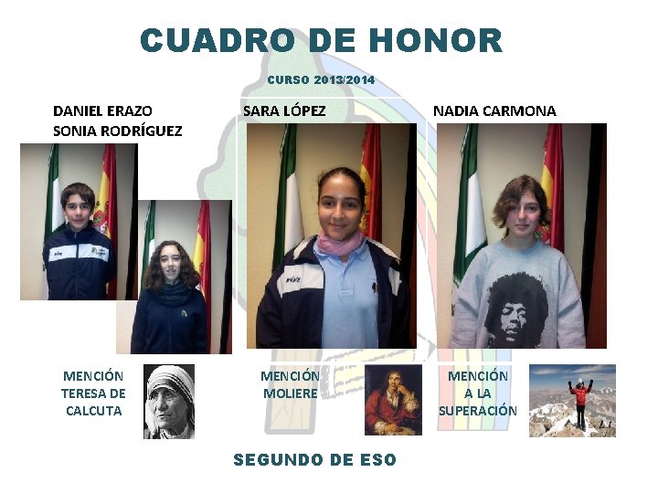 CUADRO DE HONOR CURSO 2013/2014 DANIEL ERAZO SONIA RODRÍGUEZ MENCIÓN TERESA DE CALCUTA SARA