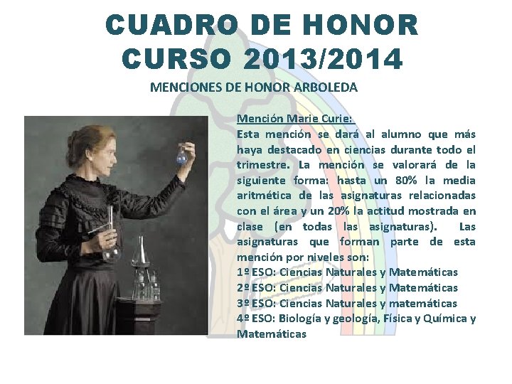 CUADRO DE HONOR CURSO 2013/2014 MENCIONES DE HONOR ARBOLEDA Mención Marie Curie: Esta mención