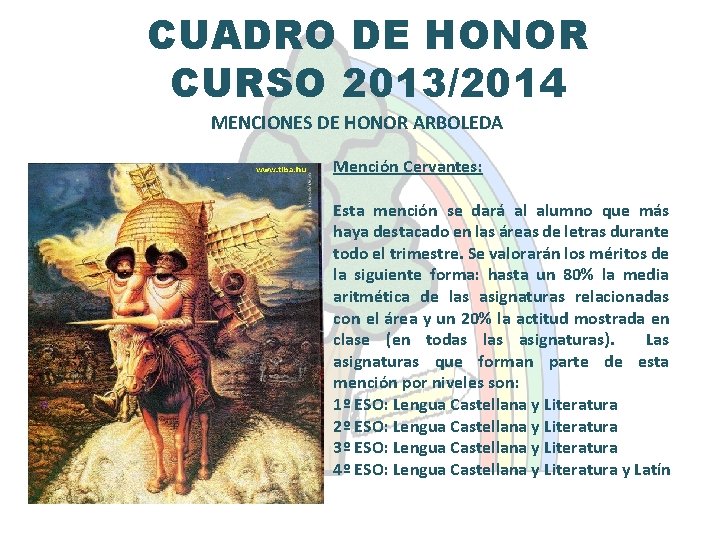 CUADRO DE HONOR CURSO 2013/2014 MENCIONES DE HONOR ARBOLEDA Mención Cervantes: Esta mención se