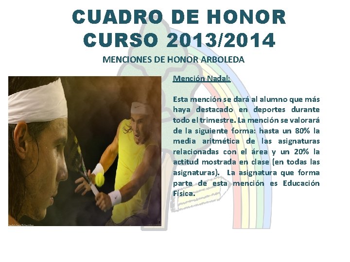 CUADRO DE HONOR CURSO 2013/2014 MENCIONES DE HONOR ARBOLEDA Mención Nadal: Esta mención se