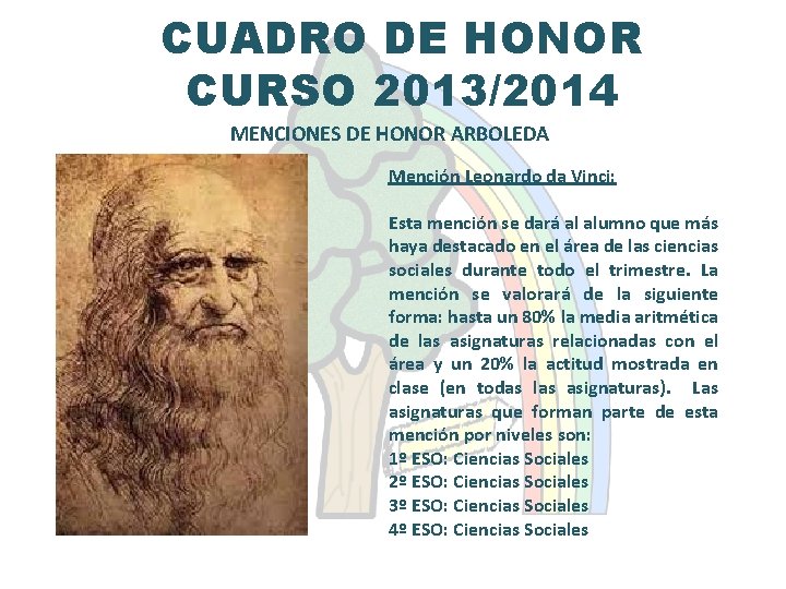 CUADRO DE HONOR CURSO 2013/2014 MENCIONES DE HONOR ARBOLEDA Mención Leonardo da Vinci: Esta