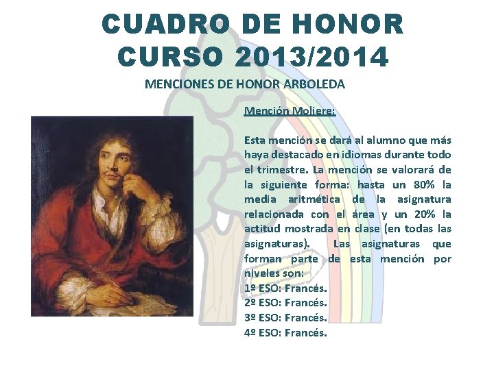 CUADRO DE HONOR CURSO 2013/2014 MENCIONES DE HONOR ARBOLEDA Mención Moliere: Esta mención se