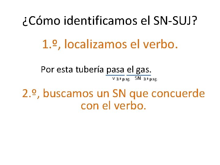 ¿Cómo identificamos el SN-SUJ? 1. º, localizamos el verbo. Por esta tubería pasa el
