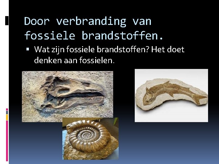 Door verbranding van fossiele brandstoffen. Wat zijn fossiele brandstoffen? Het doet denken aan fossielen.