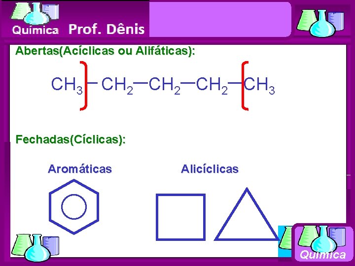 Química Abertas(Acíclicas ou Alifáticas): CH 3 CH 2 CH 3 Fechadas(Cíclicas): Aromáticas Alicíclicas Química