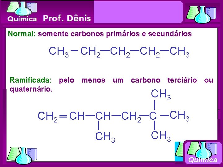 Química Normal: somente carbonos primários e secundários CH 3 CH 2 CH 3 Ramificada: