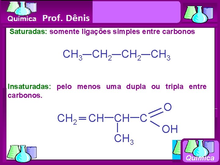 Química Saturadas: somente ligações simples entre carbonos CH 3 CH 2 CH 3 Insaturadas: