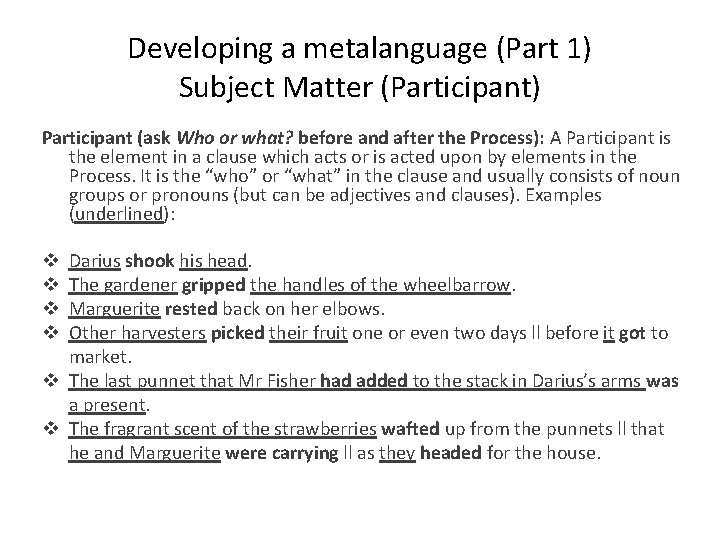 Developing a metalanguage (Part 1) Subject Matter (Participant) Participant (ask Who or what? before