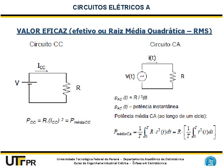 CIRCUITOS ELÉTRICOS A VALOR EFICAZ (efetivo ou Raiz Média Quadrática – RMS) Universidade Tecnológica
