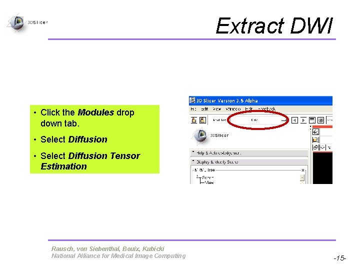 Extract DWI • Click the Modules drop down tab. • Select Diffusion Tensor Estimation Extract DWI • Click the Modules drop down tab. • Select Diffusion Tensor Estimation