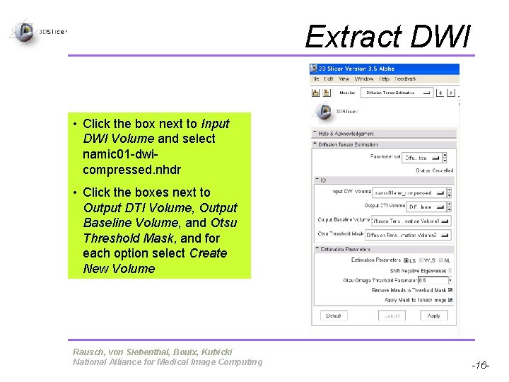 Extract DWI • Click the box next to Input DWI Volume and select namic Extract DWI • Click the box next to Input DWI Volume and select namic