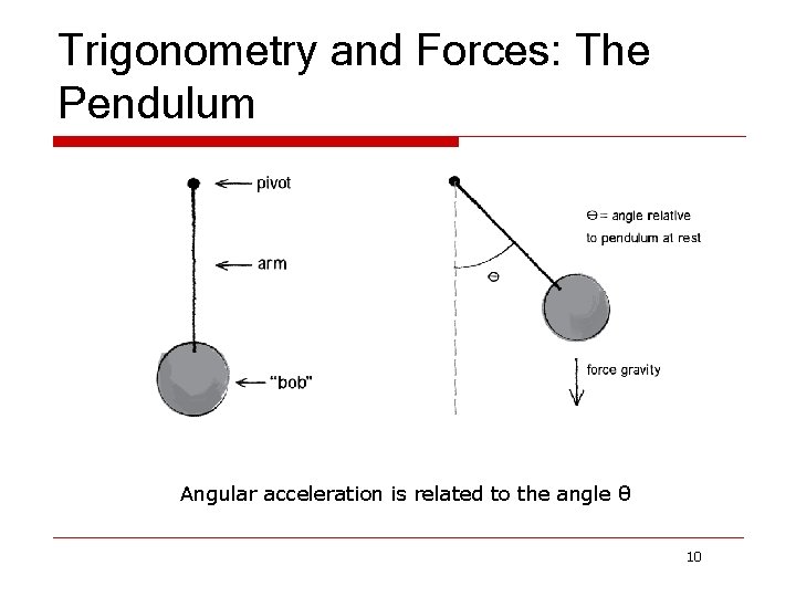 Trigonometry and Forces: The Pendulum Angular acceleration is related to the angle θ 10